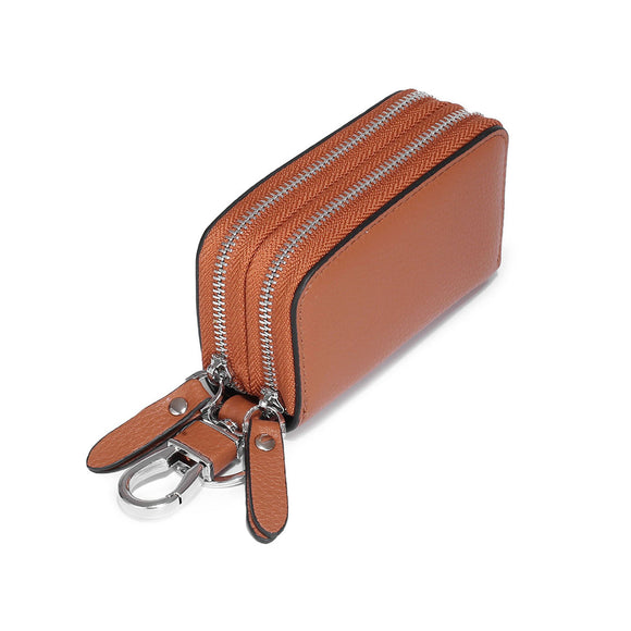 Jett Double Zip Leather Card Holder & Key Wallet - Brown