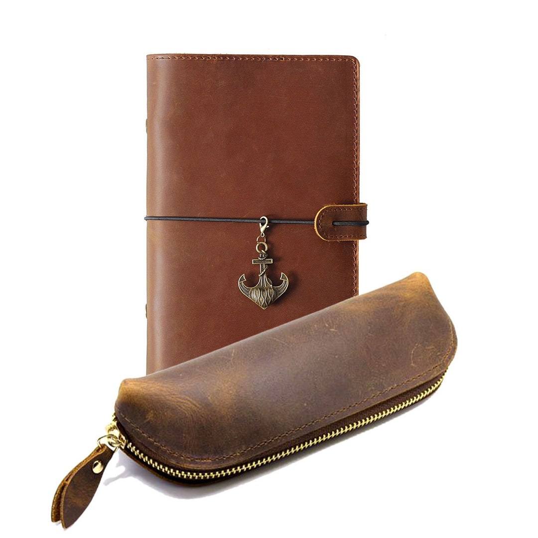 Vintage Handmade Cowhide Leather Gift Set - Pencil Case & Notebook